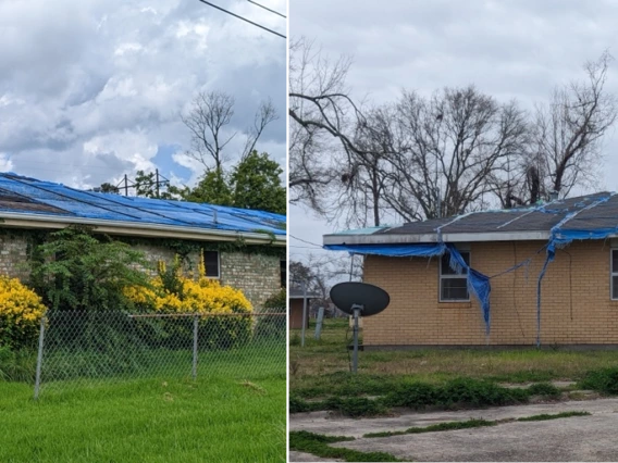 Figure 1. The left picture shows a home with a blue tarp in August 2022, and the right image shows a home with a torn and tattered blue tarp in March 2024.