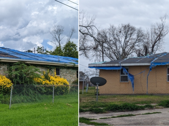 Figure 1. The left picture shows a home with a blue tarp in August 2022, and the right image shows a home with a torn and tattered blue tarp in March 2024.