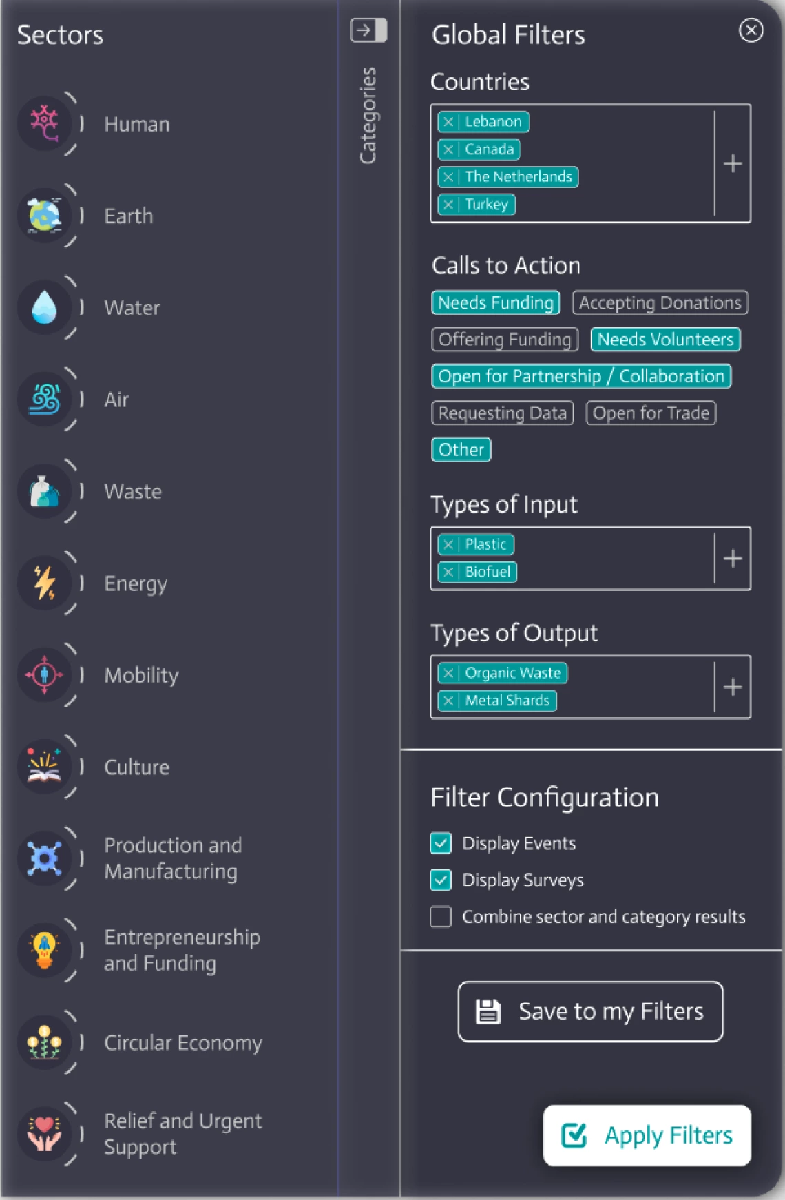 Wireframe mock-up of Regenerate Hub – detailing sectors, “calls to action” functions, and material inputs and outputs which will allow researchers and producers to track material flows