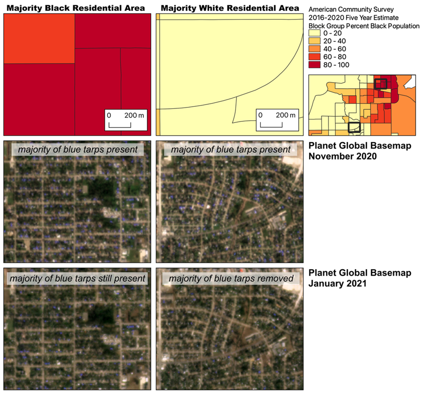 PlanetScope imagery shows that tarps remain on longer for majority Black residential areas compared to majority white residential areas.