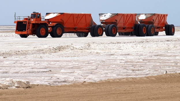 A vehicle carries sea salt at the ESSA facility in Guerrero Negro