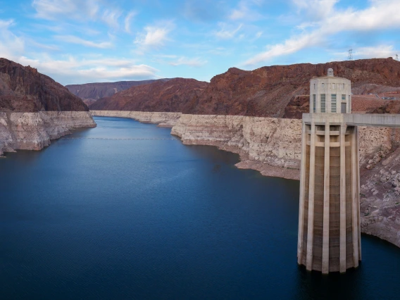 Hoover Dam with record low water level in February 2023