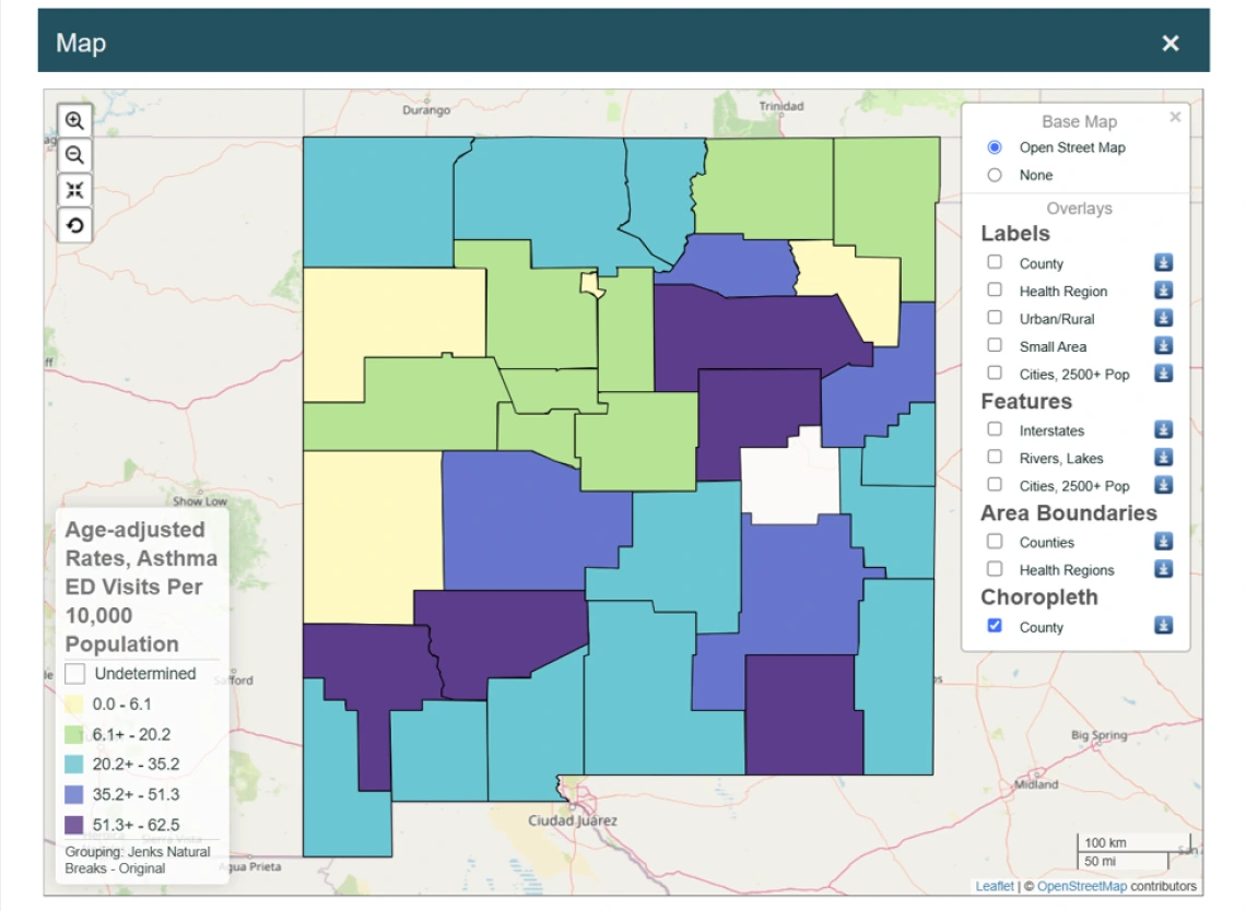 Screenshot of Map of NM Asthma ED Visit Age-adjusted Rates Per 10,000 Population