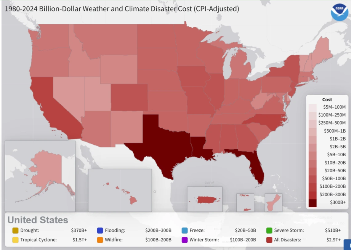 Screen Shot of 1980-2024 Billion-Dollar Weather and Climate Disaster Cost (CPI-Adjusted)