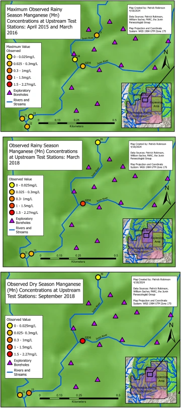 Figures 5, 6 and 7: Point-in-time maps that together illustrate successive increases in manganese concentrations at GEM and J3 during the most recent period of exploratory drilling (2015-2018). 